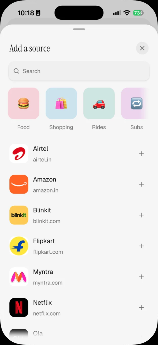 Choosing a shop to connect, from a list of Airtel, Amazon, Blinkit, Flipkart, Myntra, Netflix and Ola.