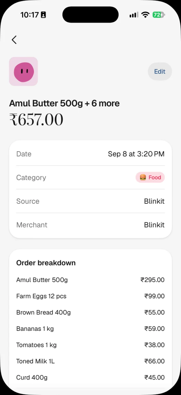 A Blinkit order filed under Food, with all seven items and their prices.