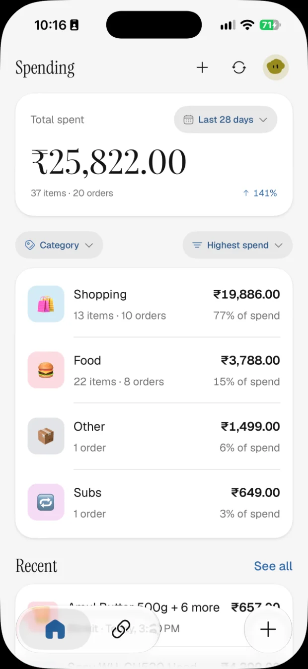 Depensa's spending screen: a total for the last 28 days, a breakdown by category, and the most recent orders.