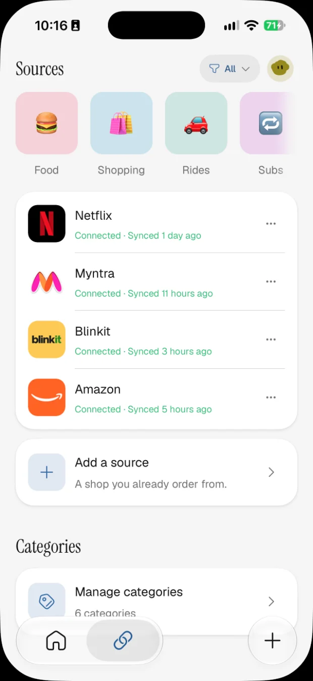 Four connected shops — Netflix, Myntra, Blinkit and Amazon — each showing when it last read new orders.
